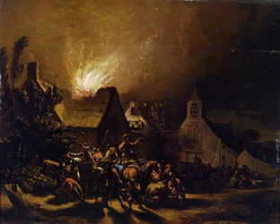 Marodeure vor einem brennenden Dorf
